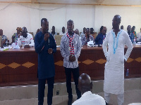 NPP Yilo constituency chairman, Dr. Gabriel Odeh Apotey (M), with two parliamentary candidates