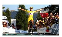 Tadej Pogačar celebrates winning stage 20 of this year's Tour de France.