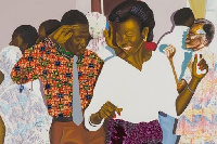 Cornelius Annor's works have backgrounds often of integrate Ghanaian textile patterns