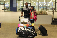 Tracy Ampah and his uncle Emmanuel Ampah on her arrival at Kotoka international airport