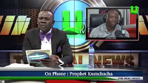 Kumawood actor, Akrobeto interviewing Prophet Kumchacha via phone call on 'The Real News