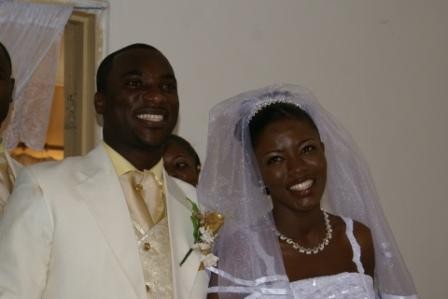 The couple is all smiles after exchanging vows