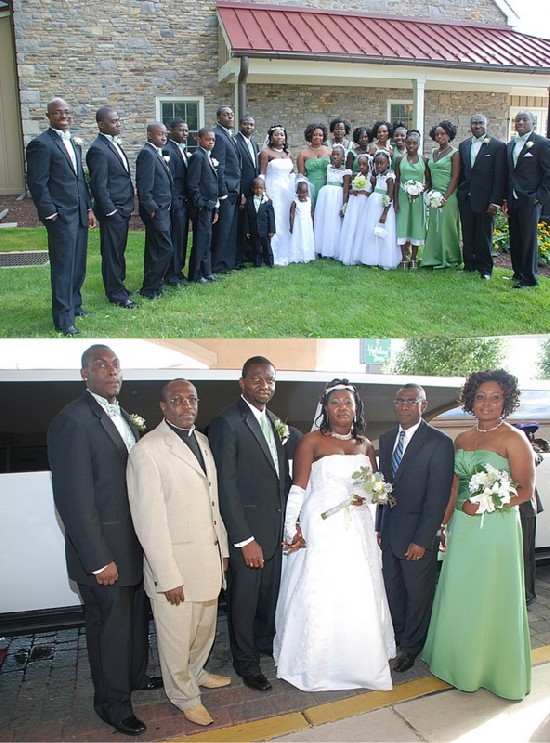 The bridal party (top) and the couple and best man with Rev. Asemnor 
(second left) and Rev. Ntiamoah (second right)