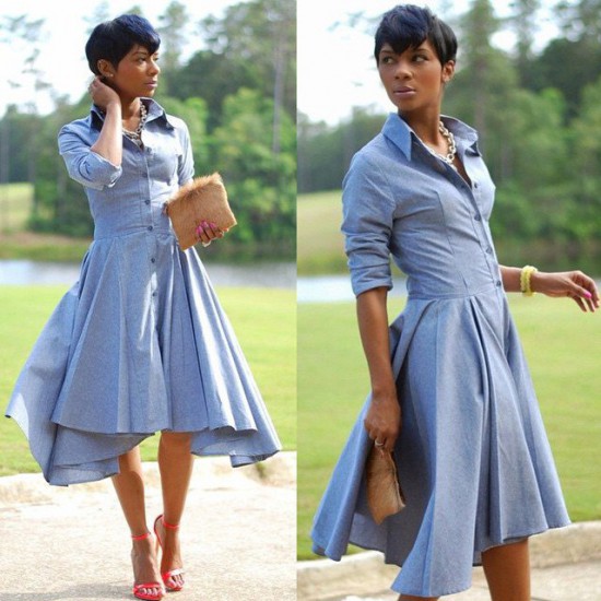 Dress Shirt 2: Here is a gorgeous blue asymmetric dress shirt paired with a faux fur brown purse, silver chain necklace, a yellow bead bracelet and a red sandal heel. the look is finished off with a beautifully pixie cut.