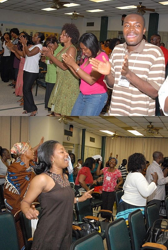 (top)Praise time—A time of praise is also a time of jubilation. A 
section of the participants demonstrating their gratitude to God with songs 
and dance 
Praise time2 (bottom) —Another section of the participants shaking their 
worries and cares off during praise and dance time.