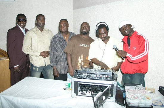 On the wheels of steel, Kissi Soundz featuring DJ Dynamic (second right with headset) and supported by MC Papa Link (first left) and the Boogie Down Nima Productions crew.