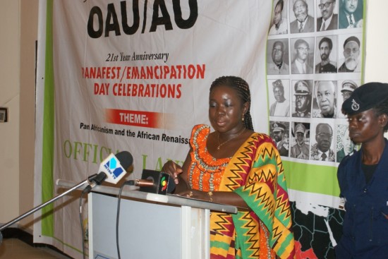 Hon Elizabeth Ofosu-Adjare delivering her speech to launch the programmes for PANAFEST and Emancipation Day 2013 (1