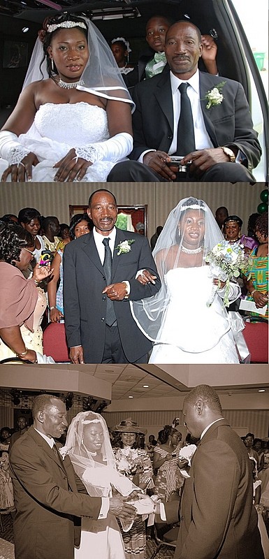 Father and bride in the limo (top), Father escorting daughter (center), 
Father presenting bride to groom (bottom)