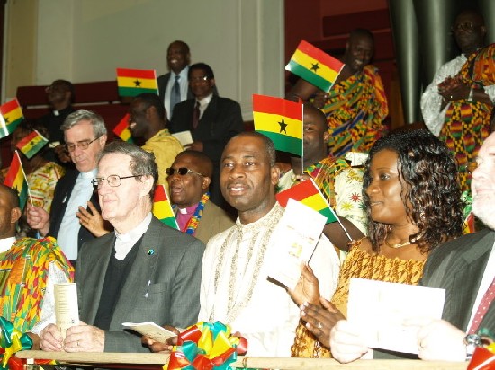 Mr. Matthew Kyeremeh, NPP UK and Regina Sintim (right,
Secretary to H. E. Cato) at the Golden Jubilee Thanksgiving Service