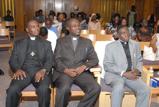 Sunday service—A section of the congregation on Sunday's worship 
service. Seated in front from L to R. are Rev'ds Nathan Addo-Nartey, Dr. 
Samuel Acquaah-Arhin and Jacob Sarfo.