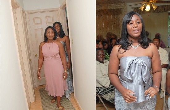 Josephine being led to the ceremony by her sister (top), Josephine standing infront of the gathering