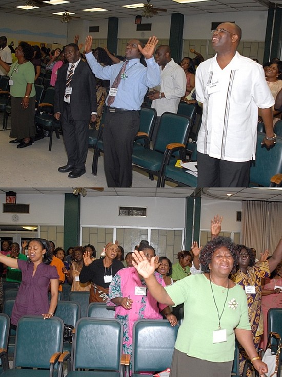 (top) - Adoration1—Pastors lead congregation is praise & 
adoration time. Front row L to R: Rev. Juliana Mensah; Rev. Sarfo; Rev. 
Addo-Nartey and Rev. Prince Donkoh 
(bottom) - Adoration—A section of the participants deeply saturated in time 
of praise & adoration