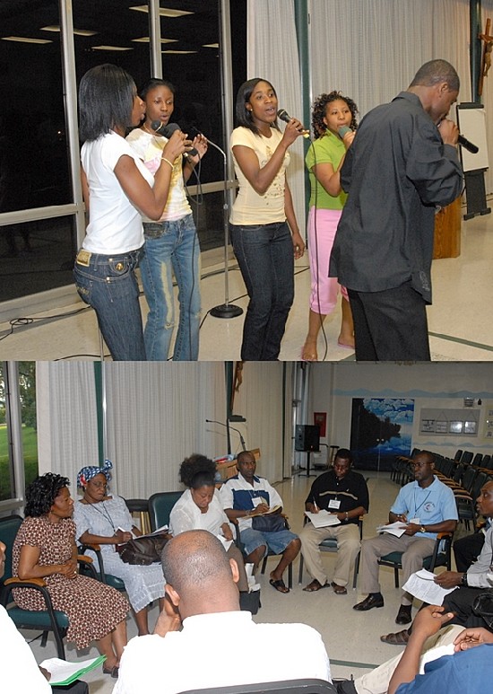 top) Brooklyn Youth—During praise time the atmosphere of the 
auditorium was charged as the youth group from Ghana Wesley United Methodist 
Church, Brooklyn, NY led with inspiring songs of praise. 
(bottom) - Group Bible Study—Pastors and lay preachers from the three 
participating churches met to prepare and pray for the group Bible Study