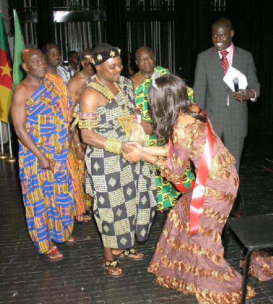 Miss Africa CUNY; Ms Justina Anusionwu is congratulated by the high powered; Daasebre Anane Amponsah, NY Asantefuohene and followed by his local chiefs.