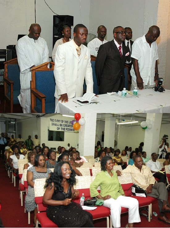 Prayers being said to start the launching (top) and the congregation (bottom)