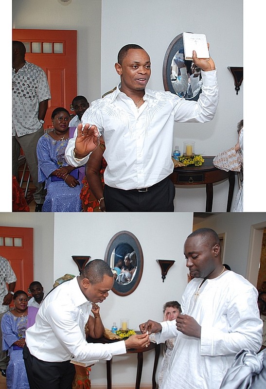 Pastor Mike displaying the bible and the ring (top) and presenting the ring to Charles to put on Josephine's finger (bottom)