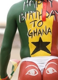 Ghanaian man with body paint depicting the Ghana flag, seen during Ghana 50 years independence celebrations at the Independence Square in Accra, Ghana, Tuesday, March 6, 2007.