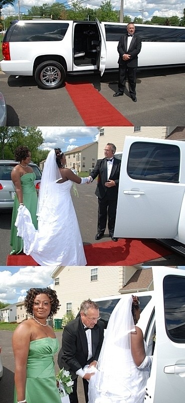 limo and red carpet awaiting the bride (top) center - the driver 
welcoming bride, bottom - Bride and maid of honor (Akosua K) entering the 
limo (bottom)