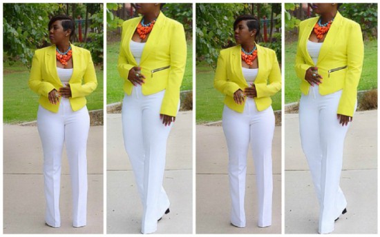 yellow suit with a white trousers