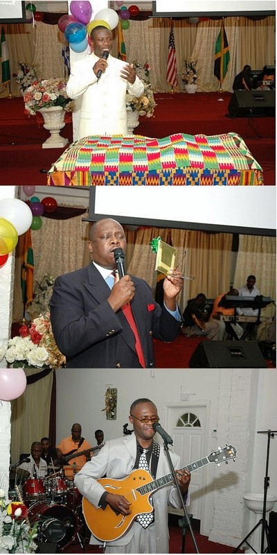 Elder Bernard Kumi (top) unveiling the CDs and Pastor Akufo starting the launching (center) and Guitarist; Noah from VA (bottom)