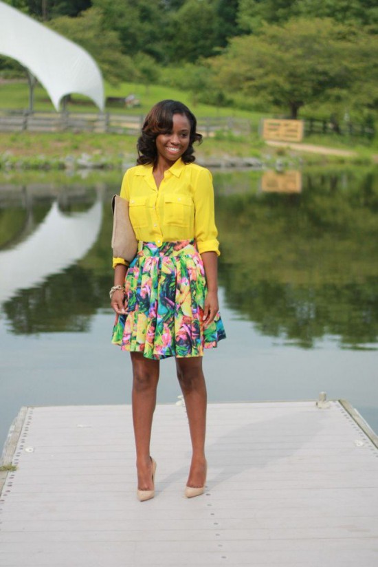 yellow shirt with a floral skirt