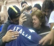 Mario Balotteli hugs Mum after leading Italy on to victory.