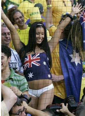 An Australian soccer team supporter wears a top in the national colors before the Brazil v Australia Group F soccer match at the World Cup stadium