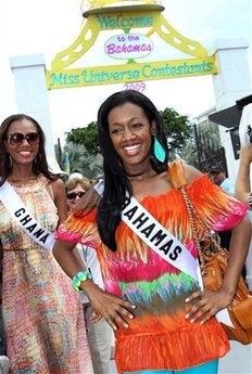 Contestants of the Miss Universe 2009 beauty pageant, Miss Bahamas Kiara Sherman, right, and Miss Ghana Jennifer Koranteng arrive to downtown Nassau, Bahamas, Friday, Aug. 7, 2009. Contestants from 85 countries will compete for the coveted crown on August 23