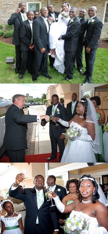 The groomsmen lifted the bride for a pose (top), Limo driver popping the 
champagne (center), bride and groom raising their glasses to celebrate their 
union; (bottom) 