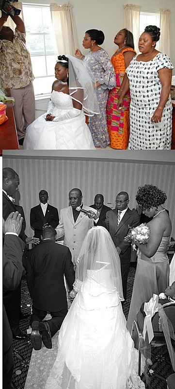 Mrs Ntiamoah leading a prayer for the bride (top), The couple 
receiving their blessings (bottom)