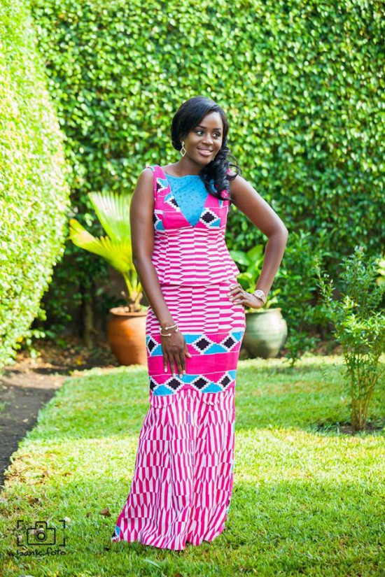 a bride in pink kente sewn into a Kaba and slit