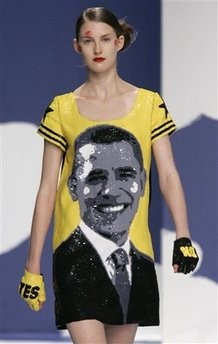 A model wears a short dress with a portrait of Democratic presidential candidate Sen. Barack Obama, D-Ill, a creation by French designer Jean-Charles de Castelbajac during his spring-summer 2009 ready-to-wear collection presented in Paris, Friday, Oct. 3, 2008.
(