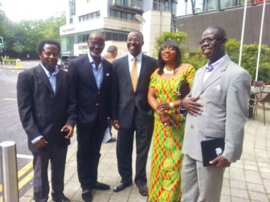 Sammy Ankrah (left) with Gabby Asare Otchere-Darko (second left), current NPP UK chairman, Michael Ansah (middle) 
and former NPP UK chairman, Hayford Attah-Kruffi (right)