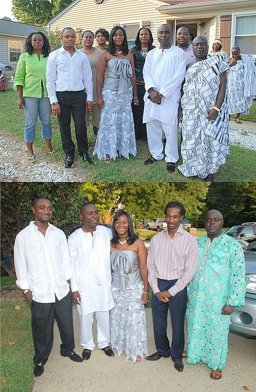 The couple posing with members of Holy Fire Dynamic International Church led by Pastor Mike (top), The couple posing with friends (bottom)