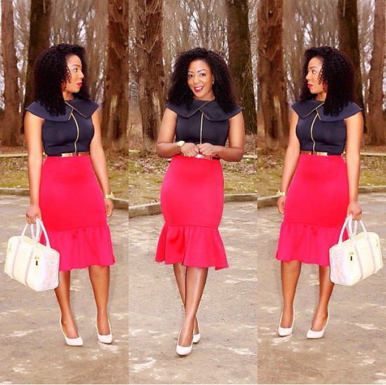 red skirt with a black top