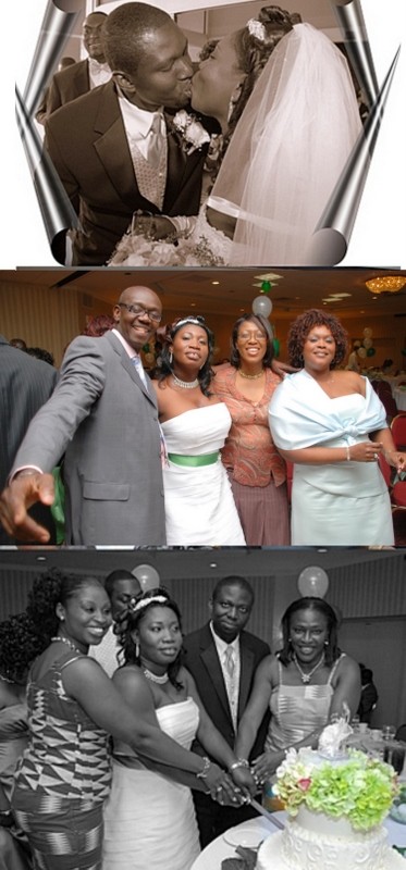 The couple kissing (top), The bride with Mr. & Mrs Duncan and a guest 
(center), The cutting of the wedding cake (bottom)