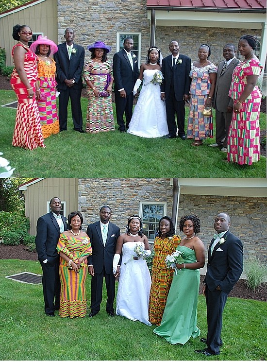 The couple posing with the bride's family (top) and with grooms' family 
(bottom)