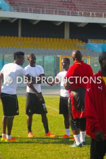 Boye, Mensah, Badu share a joke with team manager Sabahn Quaye