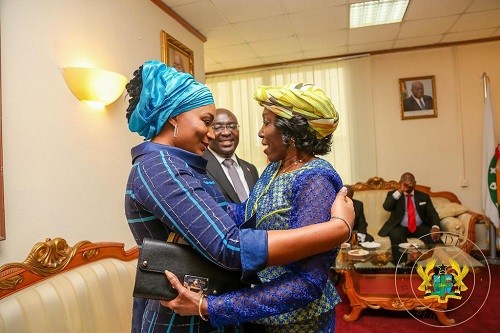 Former First Lady Nana Konadu Agyeman-Rawlings and Second Lady Samira Bawumia hug each other