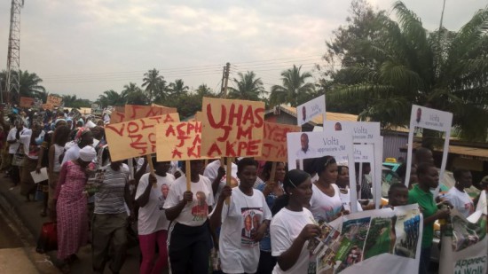 The NDC supporters marching through the streets of Ho in the Volta region