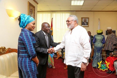 Former President Jerry John Rawlings exchange pleasantries with Vice-President Dr. Bawumia and his wife Samira Bawumia