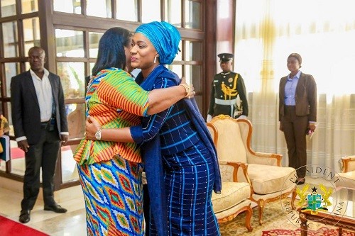 First Lady Rebecca Akufo-Addo and Second Lady Samira Bawumia hug each other