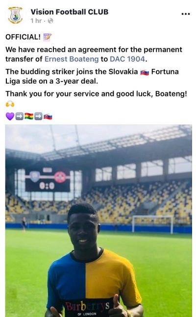 Vision FC’s Ernest Boateng joins Slovakian side DAC FC