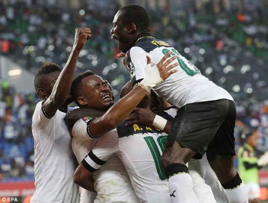 Ghana's players celebrate after Jordan Ayew put them ahead against DR Congo