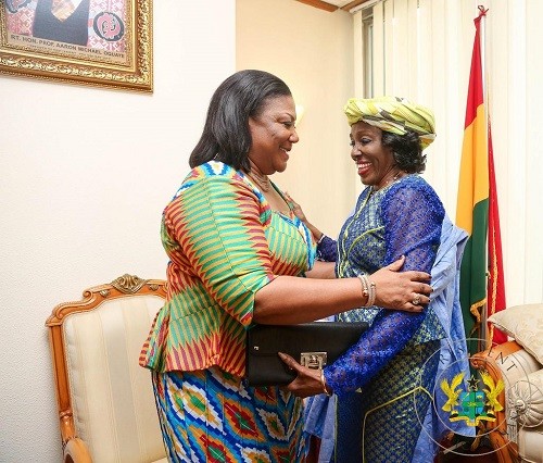 First Lady Rebecca Akufo-Addo and former First Lady Nana Konadu Agyeman-Rawlings exchange pleasantries