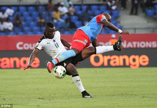 Paul-Jose M'Poku, DR Congo's goalscorer, tumbles to the ground after Wakasu Mubarak tackle